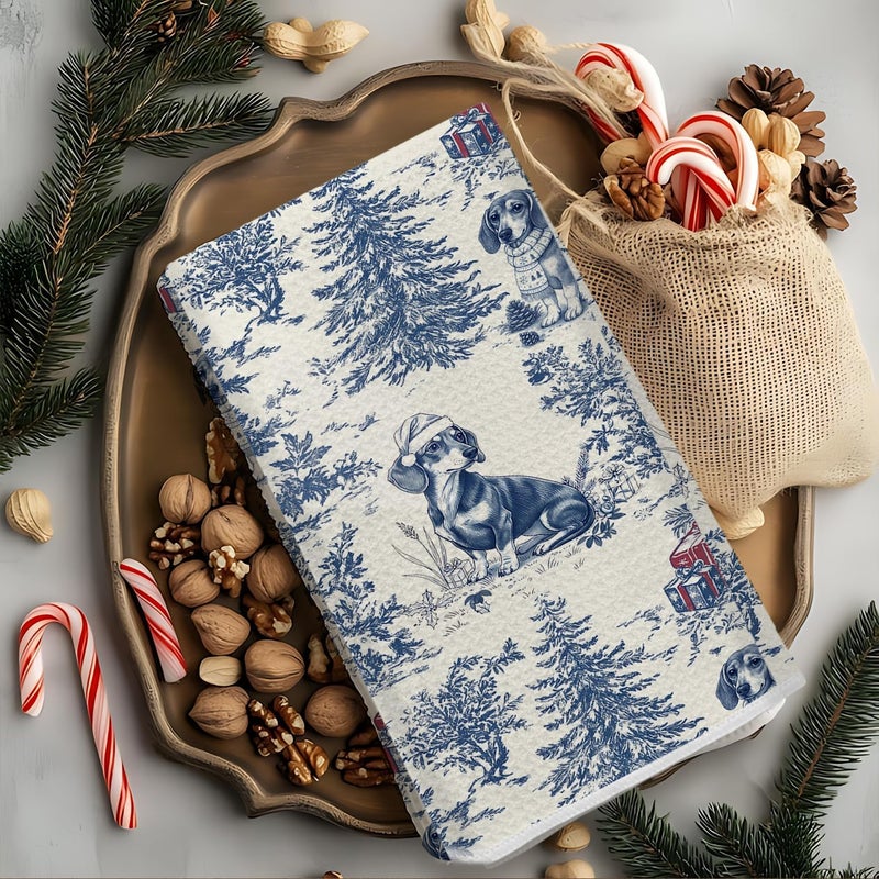 EKGJW Blue Dachshund Christmas Kitchen Towels,Vintage Dog Lover Gifts Dish Tea Towels for Kitchen,French Chinoiserie Holiday Decorative Hand Towel for Bathroom, 16x24 Inch - Image 5